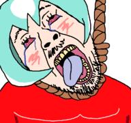 bloodshot_eyes crying dead green_hair gris hanging meta:tagme noose open_mouth redraw rope soyjak stubble suicide tagme_character_name tongue v_(4chan) variant:bernd variant:gapejak yellow_teeth // 768x719 // 29.6KB