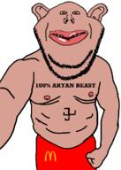 amerimutt arm brown_eyes brown_skin clothes ear fist front_facing hand lips looking_at_you mcdonalds mutt nipple open_mouth red_pants selfie shirtless soyjak stubble subvariant:impish_amerimutt subvariant:impish_front swastika tattoo text variant:impish_soyak_ears // 526x736 // 66.8KB