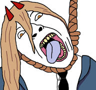 anime brown_eyes brown_hair chainsaw_man dead demon hair hanging long_hair open_mouth power_(chainsaw_man) rope suicide tongue yellow_teeth // 768x719 // 267.6KB