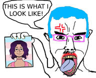 anger_mark arm blue_hair brown_skin choker clothes ear eart flag glasses hair hand holding_object looking_at_you mustache open_mouth soyjak speech_bubble subvariant:chudjak_front text tongue tranny variant:chudjak // 680x554 // 100.2KB
