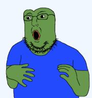 arm clothes frog glasses green_skin hand open_mouth pepe soyjak stubble tshirt variant:norwegian // 723x770 // 28.7KB
