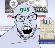 4chan angry arm blue_skin co_(4chan) glasses guy hand holding_object mustache open_mouth soyjak stubble text variant:feraljak // 1045x908 // 651.8KB