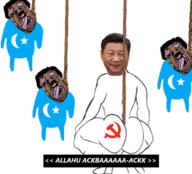 3soyjaks arm bloodshot_eyes broly_culo brown_skin communism crescent crying dead deformed hair hammer_and_sickle hanging islam leg mustache rope soyjak star stubble subvariant:brunetto text uyghur variant:bernd xi_jinping xinjiang yellow_teeth // 721x652 // 246.6KB