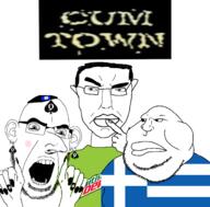 3soyjaks Adam_Friedland Stavros_Halkias blush closed_mouth cumtown fat flag flag:greece flag:israel glasses greece green_eyes green_shirt israel judaism mountain_dew nick_mullen obese open_mouth queen_of_spades stubble teeth variant:chudjak variant:cobson variant:meximutt // 1500x1480 // 8.5MB