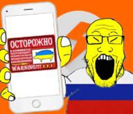 arm clothes country dvach flag glasses hand holding_object octopoxho open_mouth phone pig russia small_eyes soyjak soyjak_holding_phone stubble tshirt ukraine variant:markiplier_soyjak yellow_skin // 796x685 // 402.5KB