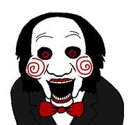 black_sclera bowtie clothes hair jigsaw_(saw) movie open_mouth puppet red_eyes saw_(movie) soyjak suit variant:el_perro_rabioso // 427x400 // 8.0KB