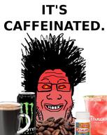 caffeine coffee cup energy_drink hair its_over monster_energy red_eyes red_skin smile smirk text variant:markiplier_soyjak white_background // 542x680 // 298.7KB