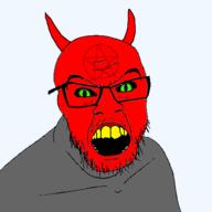angry devil glasses green_eyes horn monster mustache open_mouth pentagram red_skin satanism soyjak star stubble transparent variant:feraljak yellow_teeth // 1500x1500 // 233.3KB