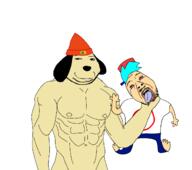 2soyjaks ack beanie bloodshot_eyes blue_hair boyfriend_(friday_night_funkin') closed_mouth clothes dog frog hat jeans muscles parappa_the_rapper pepe red_hat smile soyjak strangling stubble subvariant:massjak tongue variant:bernd variant:gapejak video_game // 1300x1152 // 85.3KB