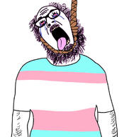 arm bloodshot_eyes clothes crying flag glasses hair looking_up mustache open_mouth purple_hair rope soyjak suicide tongue tranny tshirt variant:ignatius yellow_teeth // 656x693 // 183.5KB