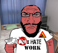 angry balding beard bloodshot_eyes cap clenched_teeth closed_mouth clothes crying fist glasses hair hat holding_object i_hate irl mcdonalds money neet punisher_face red_skin room soyjak text variant:science_lover welfare wojak work working // 1017x935 // 611.0KB