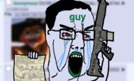 4chan bloodshot_eyes chud co_(4chan) crying firearm glasses gun guy hair holding_gun holding_object open_mouth rifle text variant:chudjak weapon // 680x414 // 224.5KB
