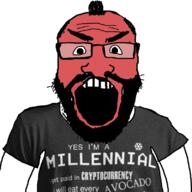 arm beard clothes glasses hair man_bun millenial open_mouth red_skin soyjak subvariant:science_lover text tshirt variant:markiplier_soyjak // 800x800 // 219.1KB