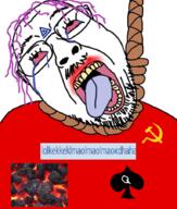 bbc bloodshot_eyes coal communism crying glasses hammer_and_sickle hanging lolkek open_mouth purple_hair queen_of_spades rope soybooru soyjak stubble suicide tongue tranny variant:bernd yellow_teeth // 766x900 // 632.2KB