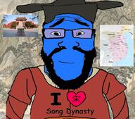 beard blue_skin calm china closed_mouth clothes dynasty emperor glasses hair hat heart i_heart i_love love painting palace smile song soyjak subvariant:science_lover text variant:markiplier_soyjak // 887x783 // 119.8KB