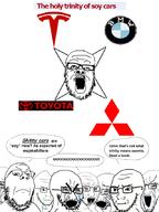 angry bloodshot_eyes bmw car comic concerned crying frown glasses mitsubishi mustache open_mouth soyjak stubble tesla text thick_eyebrows toyota trinity variant:a24_slowburn_soyjak variant:cryboy_soyjak variant:gapejak variant:soyak // 640x853 // 266.1KB