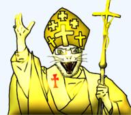 arm catholic christianity clothes cross glasses hat holding_object open_mouth pope soyjak stubble subvariant:feral_meowjak variant:feraljak whisker // 1185x1046 // 652.4KB