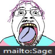 glasses hair mustache open_mouth purple_hair sage soyjak stubble text tongue tranny variant:bernd yellow_teeth // 434x432 // 67.8KB