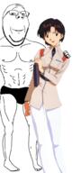 anime brown_hair buff clothes full_body glasses hand holding_object ibuki_maya neon_genesis_evangelion smile soyjak stubble swolesome uniform variant:wholesome_soyjak // 717x1533 // 444.2KB