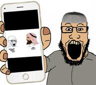 2soyjaks angry arab arm beard bloodshot_eyes brown_skin clothes crying glasses hand holding_object islam keffiyeh looking_at_you nordic_chad open_mouth phone soyjak_holding_phone stubble variant:markiplier_soyjak variant:soyak yellow_teeth // 1023x900 // 414.8KB