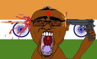 arm bindi bloodshot_eyes brown_skin country dead flag glasses gun hair hand holding_object india indian open_mouth shot soyjak subvariant:chudjak_front variant:chudjak // 1109x673 // 425.1KB