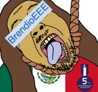 badge ban bloodshot_eyes brendioeee brown_hair crying dead flag flag:mexico glasses hair hanging incels.is looksmax.org mexico mustache nigger open_mouth rope soybooru soyjak stubble suicide tan_skin text tongue variant:bernd yellow_teeth // 768x719 // 158.5KB