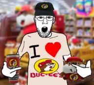 arm beaver buc-ees bucees clothes cup doll ear glasses hat heart holding_object irl_background merchandise mug open_mouth plush soyjak stubble stuffed_animal text toy variant:shirtjak // 618x559 // 359.3KB
