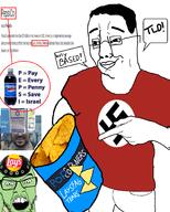 2soyjaks angry arm based chips clothes food glasses hand hat holding_object israel judaism kippah lays mustache open_mouth pepsi pointing popcorners smile snake speech_bubble star_of_david stubble swastika text total_nigger_death variant:chudjak variant:feraljak // 1465x1825 // 1019.3KB