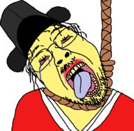 asian bloodshot_eyes clothes crying dead gwanbok hair hanging hat joseon_dynasty korean mustache open_mouth rope soyjak stubble suicide variant:bernd yellow_skin // 887x866 // 57.7KB
