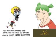 4chan angry anime arm bloodshot_eyes blue_eyes chad closed_mouth clothes crying full_body glasses go_back green_hair hair hand leg nate nordic_chad open_mouth qa_(4chan) soyjak soyjak_party stubble text tshirt variant:soyak white_skin yellow_hair yotsoyba // 3002x2022 // 807.3KB