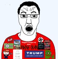 buck_breaking donald_trump frenschan frog glasses hair its_okay_to_be_white kekistan murdoch_murdoch national_justice_party nazism open_mouth pepe r_thedonald reddit snoo soyjak subvariant:chudjak_front swastika text variant:chudjak // 1607x1651 // 756.6KB