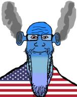 angry bald bloodshot_eyes blue blue_skin calm closed_mouth ear flag flag:united_states fume glasses ogre_ears smoke soyjak stretched_chin stubble text united_states variant:markiplier_soyjak // 823x1030 // 71.3KB