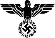 black_skin eagle emblem glowing glowing_eyes inverted nazism open_mouth soyjak stubble swastika thougher variant:soyak // 1024x703 // 85.4KB