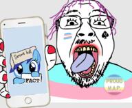 glasses holding_object holding_phone iphone lipstick map_(pedophile) my_little_pony open_mouth painted_nails pedophile phone pointing purple_hair queen_of_spades serious_hat stubble tongue tranny transgender_flag variant:bernd variant:gapejak yellow_teeth // 1113x917 // 554.0KB
