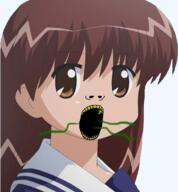 anime brown_hair clothes ear mahoraba open_mouth soyjak tamami_chanohata transparent variant:gapejak white_skin yellow_teeth // 442x477 // 252.7KB