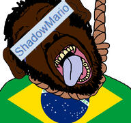 animal brazil ear fangs flag flag:brazil hanging monkey open_mouth rope shadowmario soybooru soyjak suicide tongue variant:bernd yellow_teeth // 768x719 // 354.1KB
