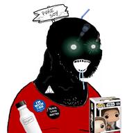 badge black_lives_matter black_skin bottle clothes drinking_straw drool funko_pop glowing_eyes green_eyes hillary_clinton im_with_her inverted open_mouth pure_soy rey_skywalker sign soy soyjak soylent star_wars stubble text thougher variant:soyak // 700x734 // 259.5KB