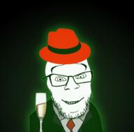 closed_mouth clothes glass glasses glowie glowing hat linux necktie red_hat smile soyjak stubble suit variant:feraljak white // 1560x1533 // 1.1MB