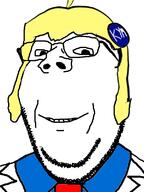 badge clothes glasses hair knowyourmeme smile soyjak stubble subvariant:wholesome_soyjak tagme text variant:gapejak yellow_hair // 600x800 // 79.4KB