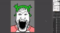 4chan animated animation anime clothes coomer fat gimp green_hair hair open_mouth skeleton soyjak stubble variant:markiplier_soyjak wrinkles yotsoyba // 600x330 // 868.7KB