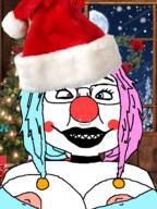 breasts christmas christmas_lights christmas_tree clown clown_nose colorful_hair giggly_goon_clown glasses heterochromia nipple nose_piercing nsfw piercing red_nose redraw santa_hat sharp_teeth smile soyjak tranny variant:bernd // 1200x1600 // 1.4MB
