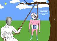 arm blood bloodshot_eyes buff cloud ford full_body general_motors glasses grass hanging henry_ford holding_object holding_rope leg lynching open_mouth purple_hair rope sky stubble sun torso tranny tree variant:bernd // 2160x1542 // 478.4KB