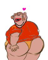amerimutt arm ass back black_sclera brown_hair brown_skin clothes ear fat hand heart leg lips mcdonalds mutt open_mouth orange_panty pigtails red_shirt soyjak stubble subvariant:impish_amerimutt variant:impish_soyak_ears // 947x1182 // 224.5KB