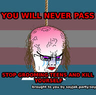 advertisement angry balding big_brain brown_hair closed_mouth crying distorted flag glasses hair makeup rope soyjak soyjak_party stubble suicide text tranny variant:chudjak vein // 900x889 // 440.7KB