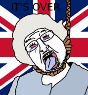 bloodshot_eyes clothes country cross crying dead elizabeth_ii flag glasses hair hanging its_over mustache open_mouth redraw rope soyjak stubble suicide text tongue united_kingdom variant:bernd white_hair yellow_teeth // 878x948 // 27.1KB