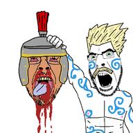 2soyjaks angry arm armor blood bloodshot_eyes buff celtic crying dead decapitation gapejak_front gaul glasses green_eyes hand helmet holding_object mustache nipple open_mouth roman rome skyrim soyjak stubble tattoo tongue variant:cobson variant:gapejak_front white_skin yellow_hair // 800x800 // 76.3KB