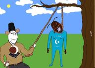 2soyjaks belt bloodshot_eyes brown_skin china clothes country crying dead full_body glasses grin hanging hat jumpsuit lynching murder noose open_mouth rope smile stubble subvariant:wholesome_soyjak tongue tranny tree turk turkiye turkroach uyghur variant:bernd variant:gapejak yellow_teeth // 1080x775 // 83.8KB