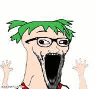 4chan animated anime arm clothes gif glasses green_hair hair hand hands_up open_mouth poyopoyo retard soyjak stubble tonton variant:wewjak white_skin yotsoyba // 400x369 // 622.9KB