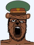 animal bear brown_skin clothes ear glasses hat military military_cap open_mouth russia russians_with_attitude snout soyjak stubble variant:a24_slowburn_soyjak // 649x849 // 2.1MB