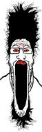 beard bloodshot_eyes dajjal glasses hair hairy islam open_mouth red_teeth soyjak tattoo text variant:markiplier_soyjak // 511x1600 // 346.1KB
